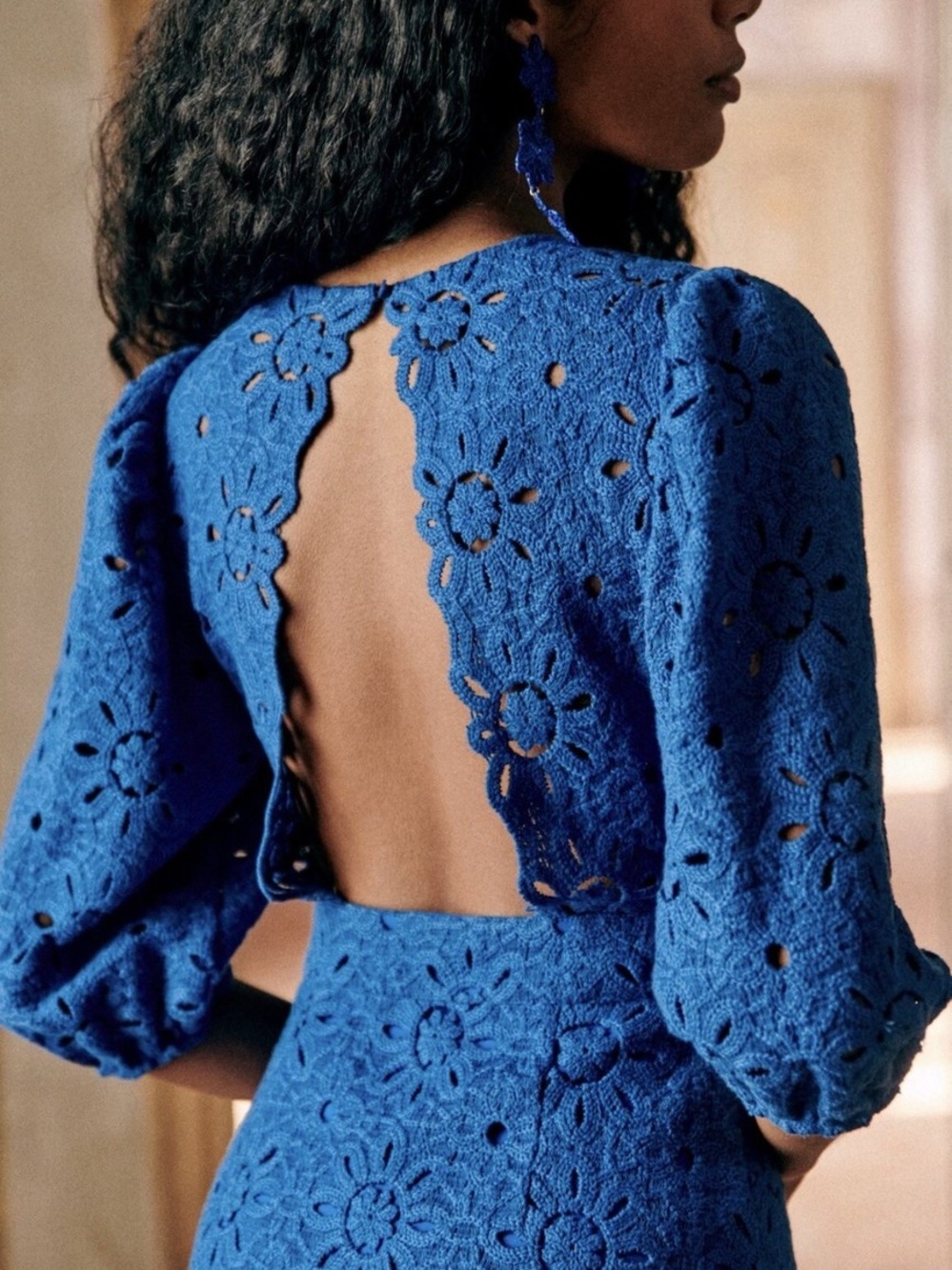 Sezane Ocean Blue Cali Eyelet Lace Midi Dress US size 8